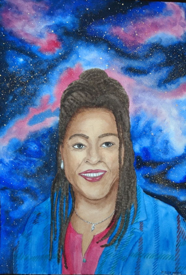 smiling Black woman in front of space background